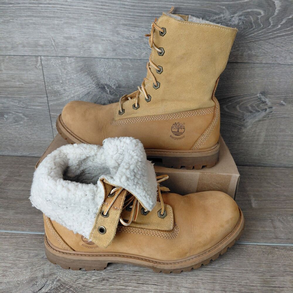 Timberland Boots Women 8.5 Leather Fold Down Teddy Fleece Lined Waterproof 8329R